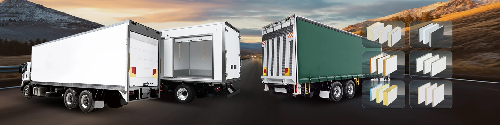 Refrigerated truck body beside insulated panel samples